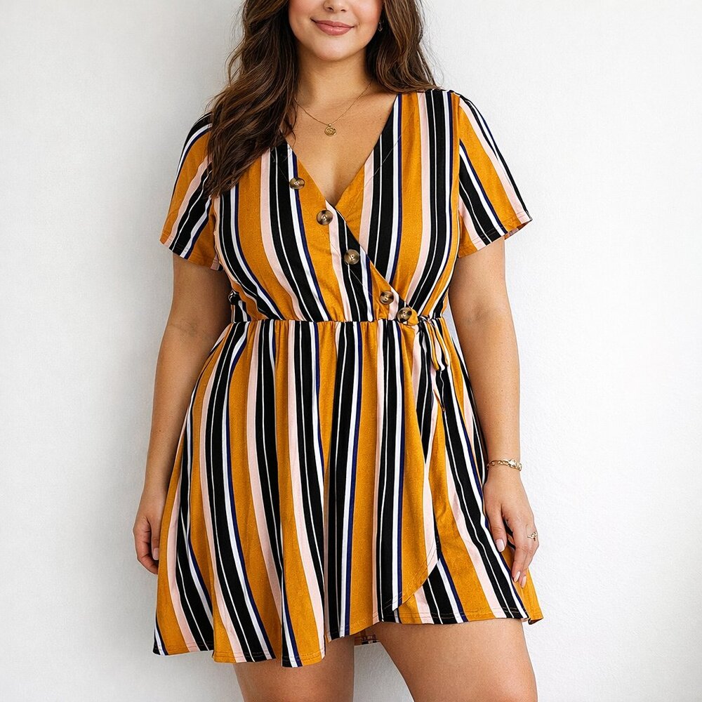 Derek Heart Striped Faux Wrapped Jersey Dress 1X